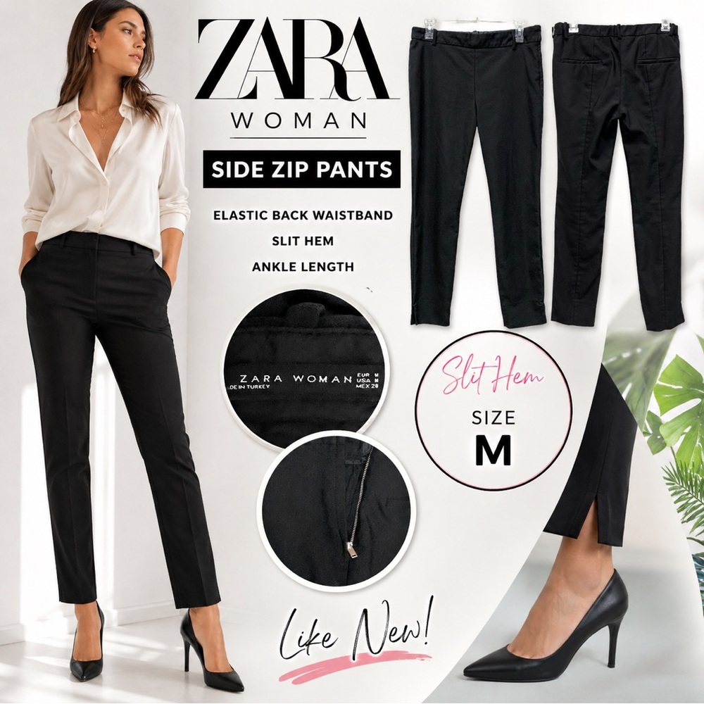 Zara Black Side Zip Ankle Pants Size M Elastic Back Slit Hem Career Casual